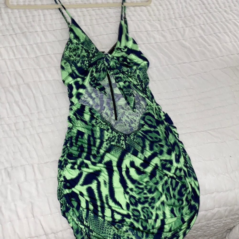 Green snake skin body con mini dress